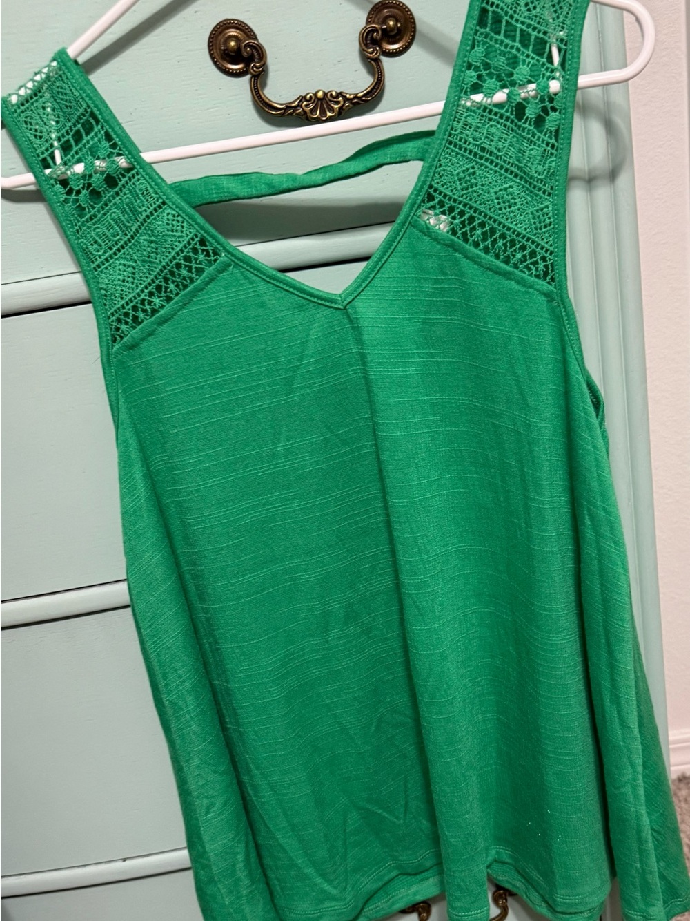 Sleeveless Green Crochet-Shoulder V-Neck Tank Top